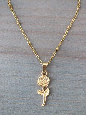 Rose with Stem & Leaves Pendant Necklace 18k Gold Plated Stainless Steel